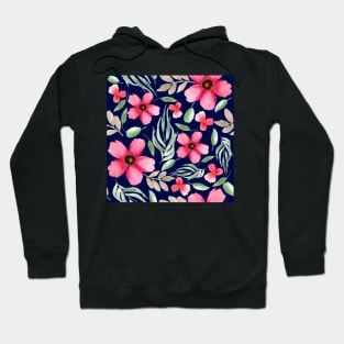 Pink Flowers | Watercolor | Pattern | Blue Hoodie